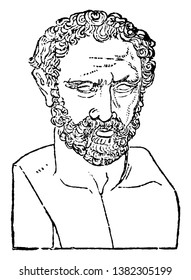 Bust of Demosthenes, 384-322 BC, he was a Greek statesman and orator of ancient Athens, vintage line drawing or engraving illustration