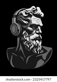 Bust of an elderly man wearing headphones on a dark background.