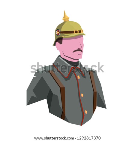 Bust of a German soldier, the German army. Dressed in a military helmet of the first world war and overcoat. Vector. Isolated
