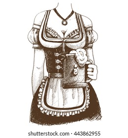 Bust of girl in traditional Bavarian dress with a mug of beer. Oktoberfest hand-drawn  illustration.