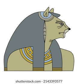 Bust of goddess Tefnut. Ancient Egyptian mythology. Woman with lioness head. Isolated vector illustration.