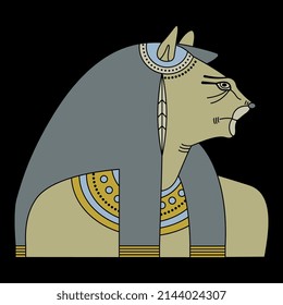 Bust of goddess Tefnut. Ancient Egyptian mythology. Woman with lioness head. On black background.