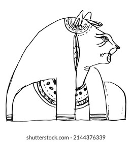 Bust of goddess Tefnut. Ancient Egyptian mythology. Woman with lioness head. Hand drawn linear doodle rough sketch. Black silhouette on white background.