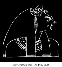 Bust of goddess Tefnut. Ancient Egyptian mythology. Woman with lioness head. Hand drawn linear doodle rough sketch. White silhouette on black background.