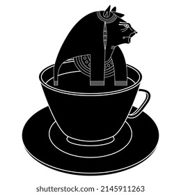 Bust of goddess Tefnut emerging from a cup of tea or coffee. Ancient Egyptian mythology. Woman with lioness head. Creative funny beverage design. Black and white silhouette. 