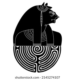 Bust of goddess Tefnut and round spiral maze or labyrinth symbol. Ancient Egyptian mythology. Creative concept. Woman with lioness head. Black and white silhouette.