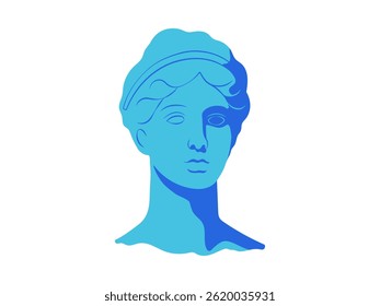 A bust of a Greek y2k statue in cool blue shades. Classic ancient silhouette character. Aesthetic 2000s sculpture.
