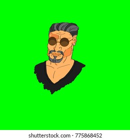 Bust of hipster in comix style on green background. Isolated.