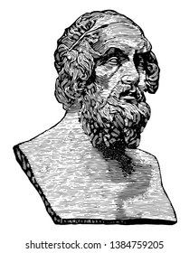 Bust of Homer, he was an ancient Greek poet who wrote the Iliad and the Odyssey, vintage line drawing or engraving illustration