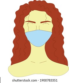 Bust of a light European girl with red hair wearing a protective mask during a pandemic, different race. Ethnicity.Kind of race.
