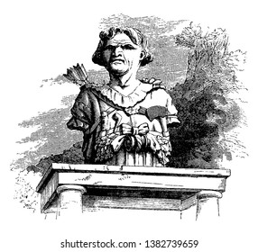 Bust of Man é uma representação esculpida ou moldada da parte superior da figura humana, desenho de linha vintage ou ilustração de gravura.