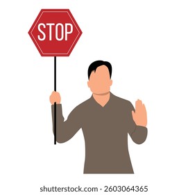 Bust of Man Showing Stop Sign. Signs and symbols, person asking viewer to take action