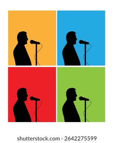 Bust of Man Speaking into Microphone Silhouette on Colorful Background. People and public business speech for the audience vector art