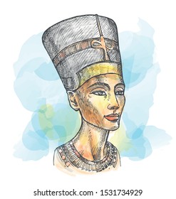 Bust of Nefertiti hand drawn watercolor