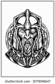 Bust of a nordic warrior in a metal helmet and armor with a braided beard and mustache, a graphic portrait of a one-eyed dwarf on the background of a shield, the face of an old viking close-up.
