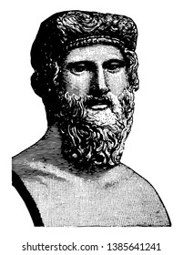 Bust of Plato, he was a philosopher in classical Greece and the founder of the academy in Athens, vintage line drawing or engraving illustration