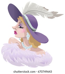 A bust shot of a blonde woman from the nineteen twenties era wearing a large brimmed purple hat with a feather, a boa and large pearl earrings and a necklace.