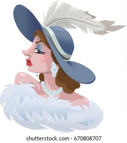 A bust shot of a brunette woman from the nineteen twenties era wearing a large brimmed blue hat with a feather, a boa and large pearl earrings and a necklace.