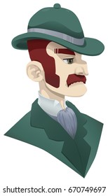 A bust shot of a red haired man from the nineteen twenties era wearing a bowler hat, cravat, high collar, suit and with sideburns and a mustache.