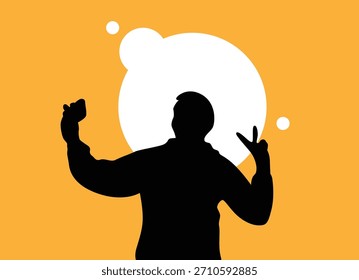 Silueta del busto de un hombre que hace un selfie con un fondo colorido del smartphone. Personas para hacer una foto y usar la tecnología de dispositivos inteligentes