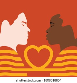 bust silhouette of two men - face to face - facing - heart graphics on red background