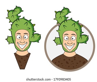 bust of smiling cartoon man in cactus costume in a circle. vector isolated on white background. suitable as a logo