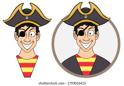 bust of a smiling cartoon man in a pirate costume in a circle. vector isolated on white background. suitable as a logo