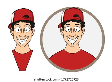 busto de un caricaturista sonriente con una gorra roja en un círculo. vector aislado en fondo blanco. adecuado como logotipo