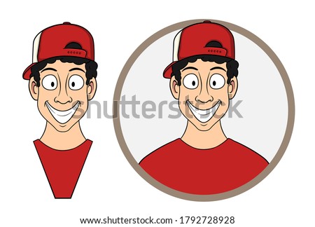 bust of a smiling cartoon man in a red cap in a circle. vector isolated on white background. suitable as a logo