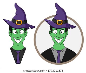 bust of a smiling cartoon man in a witch costume in a circle. vector isolated on white background. suitable as a logo
