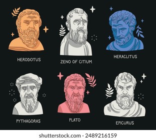 Bust statues of famous antique Greek philosophers, real portraits, vector illustration.