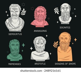 Bust statues of famous antique Greek philosophers, real portraits, vector illustration.