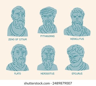 Bust statues of famous antique Greek philosophers, real portraits, vector illustration.