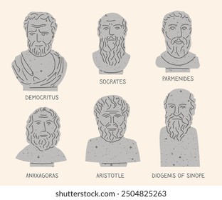 Bust statues of famous antique Greek philosophers, real portraits, vector illustration. Democritus, Anaxagoras, Socrates, Parmenides, Aristotle, Diogenis of Sinope