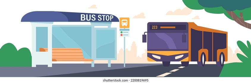 Bust Stop, Outdoor Station with Booth and Bench, Autobus Driving by Road on Cityscape Background. Public Commuter, Passenger Transportation Service Concept. Cartoon Vector Illustration