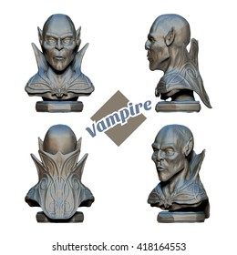 Bust of a vampire in four projections. Since the inscription on a white background. It can be used as a decorative element or as a print clothes.