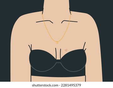 Bust of a woman in a beautiful black strapless bra. Upper female body. Vector trend illustration for design.