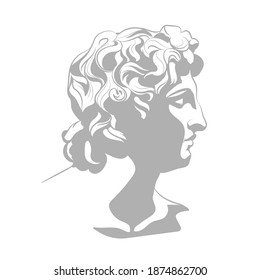 Bust of a young Alexsander the Great. Grey portrait on white background. Vector illustration.