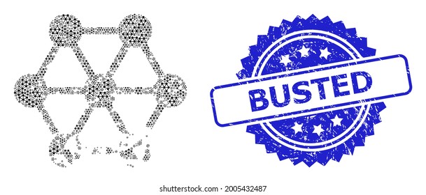 Geschätzte Kratzstempel und Vektorfraktalkollage beschädigten die Blockkette. Blue Stempel Siegel hat Geschossen Bildunterschrift in Rosette. Die Vektorgrafik besteht aus mehreren rotierten beschädigten Symbolen der Blockkette.