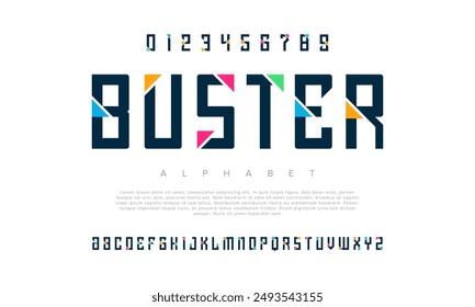 Buster creative modern urban alphabet font. Digital abstract futuristic, game, techno, robot, music, logo, sport, minimal technology typography. Simple numeric vector illustration