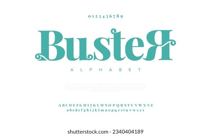 Buster premium luxury elegant alphabet letters and numbers. Elegant wedding typography classic serif font decorative vintage retro. Creative vector illustration