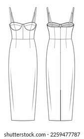 Bustier Bodycon Dress with molded cup, back slit  and adjustable straps. maxi, ankle length. fashion flat technical template. Spaghetti Strap Dress Flat template front and back design. line CAD mockup