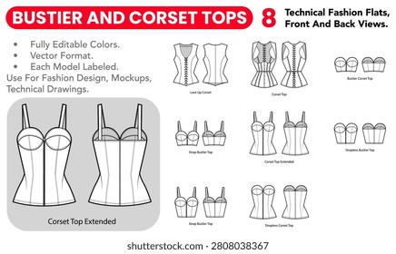 Bustier And Corset Tops collection featuring black and white technical fashion flats with front and back views, outline versions, strapless forms and lace details. Vector illustration