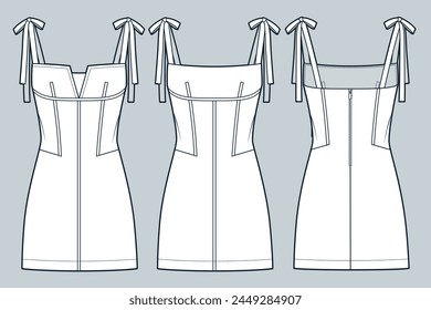 Bustier Dress technical fashion Illustration. Knot Strap mini Dress fashion flat technical drawing template, corset, slim fit, back zipper, front and back view, white, women CAD mockup set.