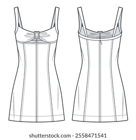 Bustier Dress technical fashion illustration. Mini Dress fashion flat technical drawing template, straps, buckle, draped, cutout, slim fit, front and back view, white, women Dress CAD mockup.