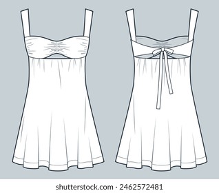 Bustier mini Dress technical fashion illustration. A-Line Dress fashion flat technical drawing template, square neck, slim fit, front and back view, white, Women's Dress CAD mockup.