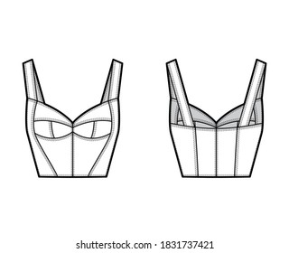 Bustier top technical fashion illustration with corset-style silhouette, molded cups, close fit, back zip fastening. Flat apparel template front, back, white color. Women men unisex shirt CAD mockup