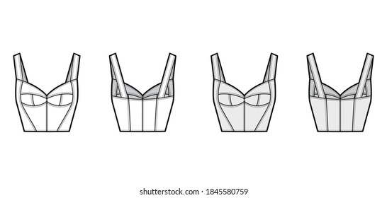 Bustier top technical fashion illustration with corset-style silhouette, molded cups, close fit, back zip fastening. Flat apparel template front, back, white grey color. Women unisex shirt CAD mockup