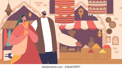 Bustling Arab Market Scene With Colorful Stalls, People Haggling Over Goods, And Aromatic Spices Filling The Air