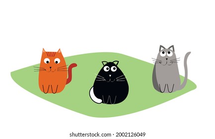 Bustling cats cats redhead black gray cheerful with big eyes. Set of purebred pets isolated on white Vector flat cartoon illustration.Applying banner, cover, paper, textiles, kids serabbooking.
